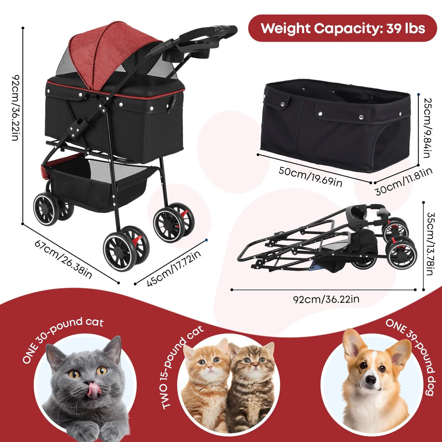 Pet Stroller For Small Medium Dogs 3 Wheels Foldable with Breathable Mesh Canopy Pet Travel Carrier Suitable Outdoor Travel