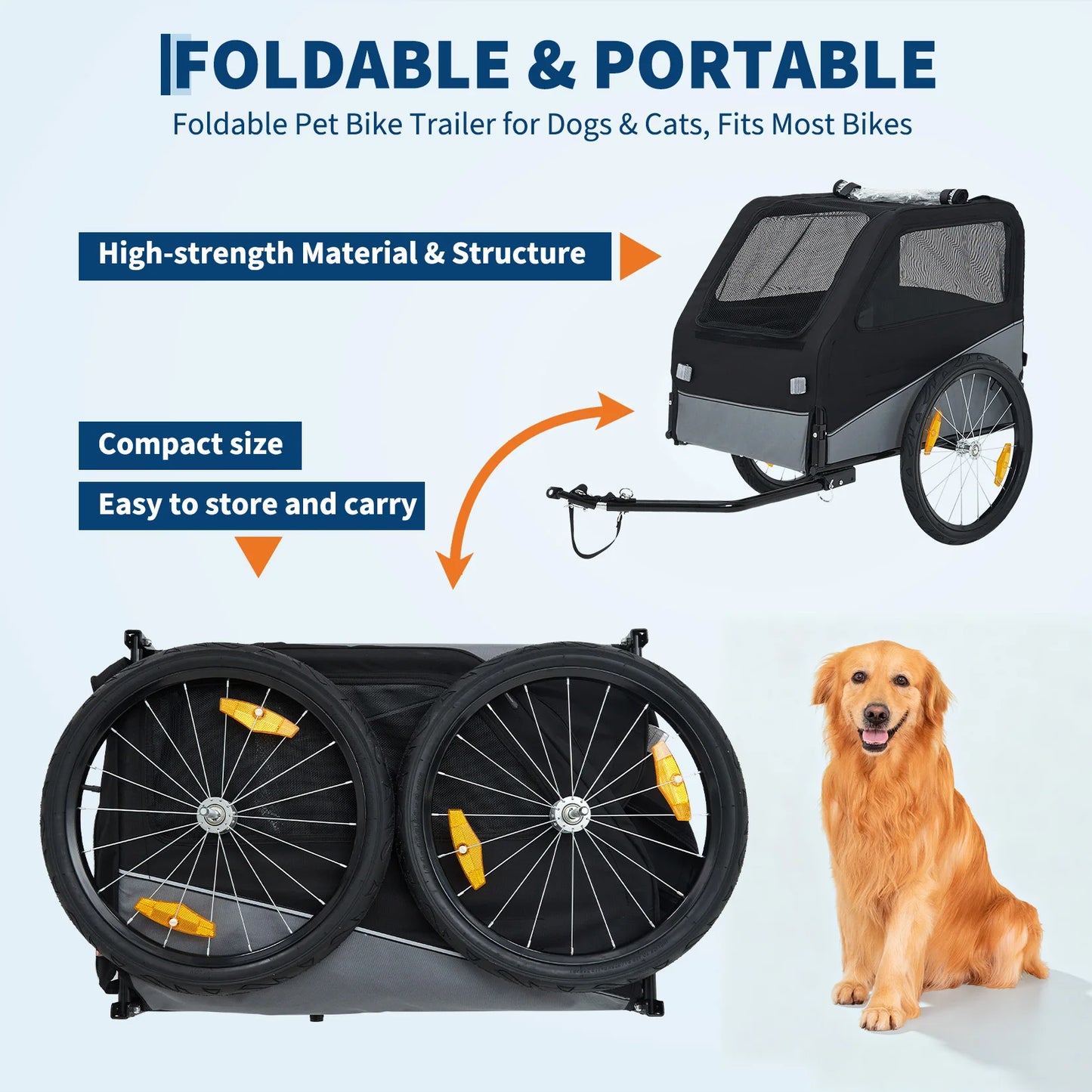 Foldable Dog Bike Trailer, Heavy Duty Steel Frame Pet Bike Carrier, 100 LBS Capacity Oxford Fabric Dog Carrier Bicycle Trailer with Mesh Window Reflectors for Small, Medium, and Large Dogs, Black