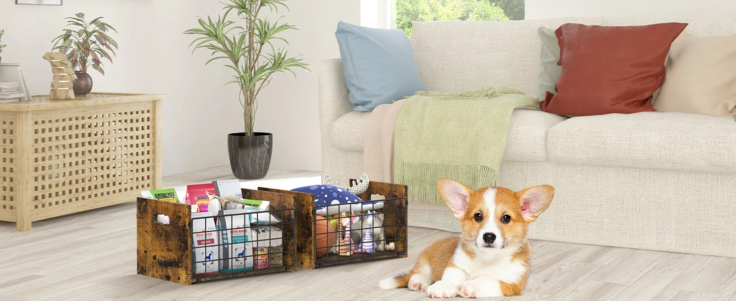 Metal Dog Toy Basket Organizer Wooden Pet Storage Box for Puppy/Small Dogs Multi-Purpose Chest for small dog toys