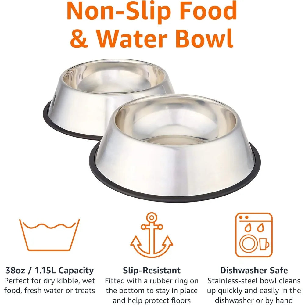 Stainless steel non-slip dog water/food bowls, 2-pack (10 x 2.8 inches), each with a capacity of up to 38 ounces.