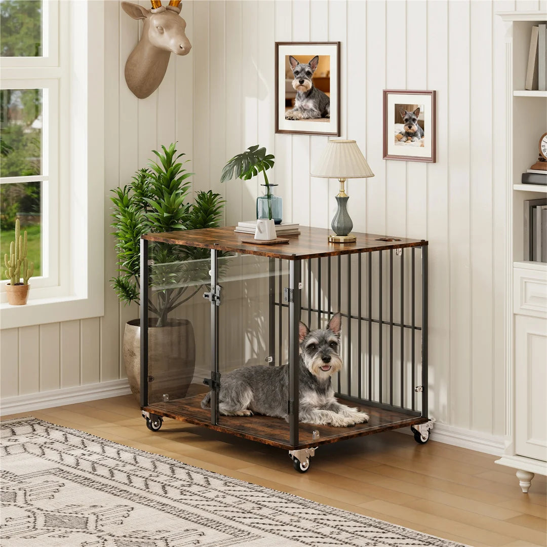Indoor Dog Cage: Furniture Style Tempered Glass Dog Pet Cage Dog Kennel End Table Crate with Smooth Rolling Wheels