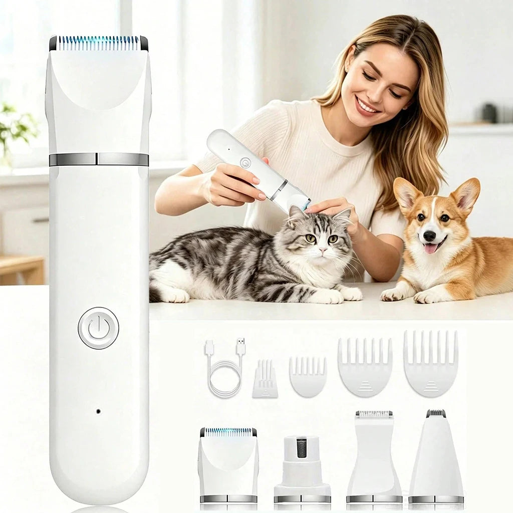 Pet Hair Clipper 4-in-1 Rechargeable Dog Trimmer Kit Cordless Electric Grooming Shaver with Comb Guide for Puppy