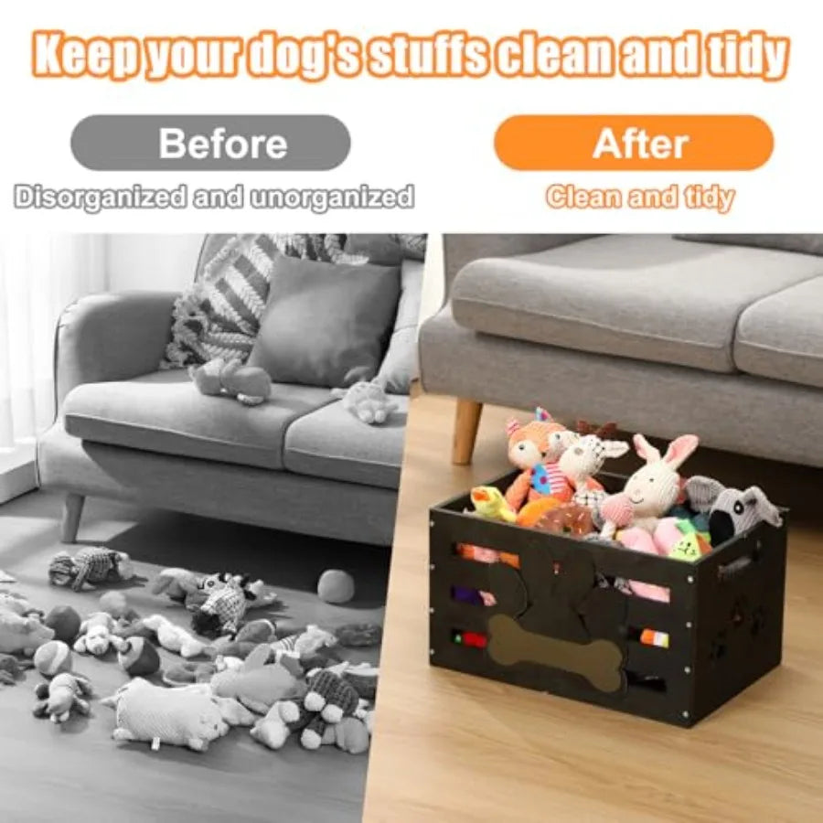 Dog Toy Basket Wood Dog Toy Bin Storage Baskets Box with Handles and Label Position Design Large Organizer with Caulk Board Personalization