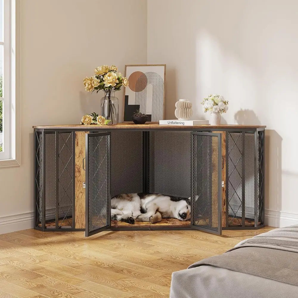 Large Wooden Dog Kennel Furniture, Dog Crate with 2 Doors, Decorative Dog Crate TV Stand End Table for Small to Large Dogs