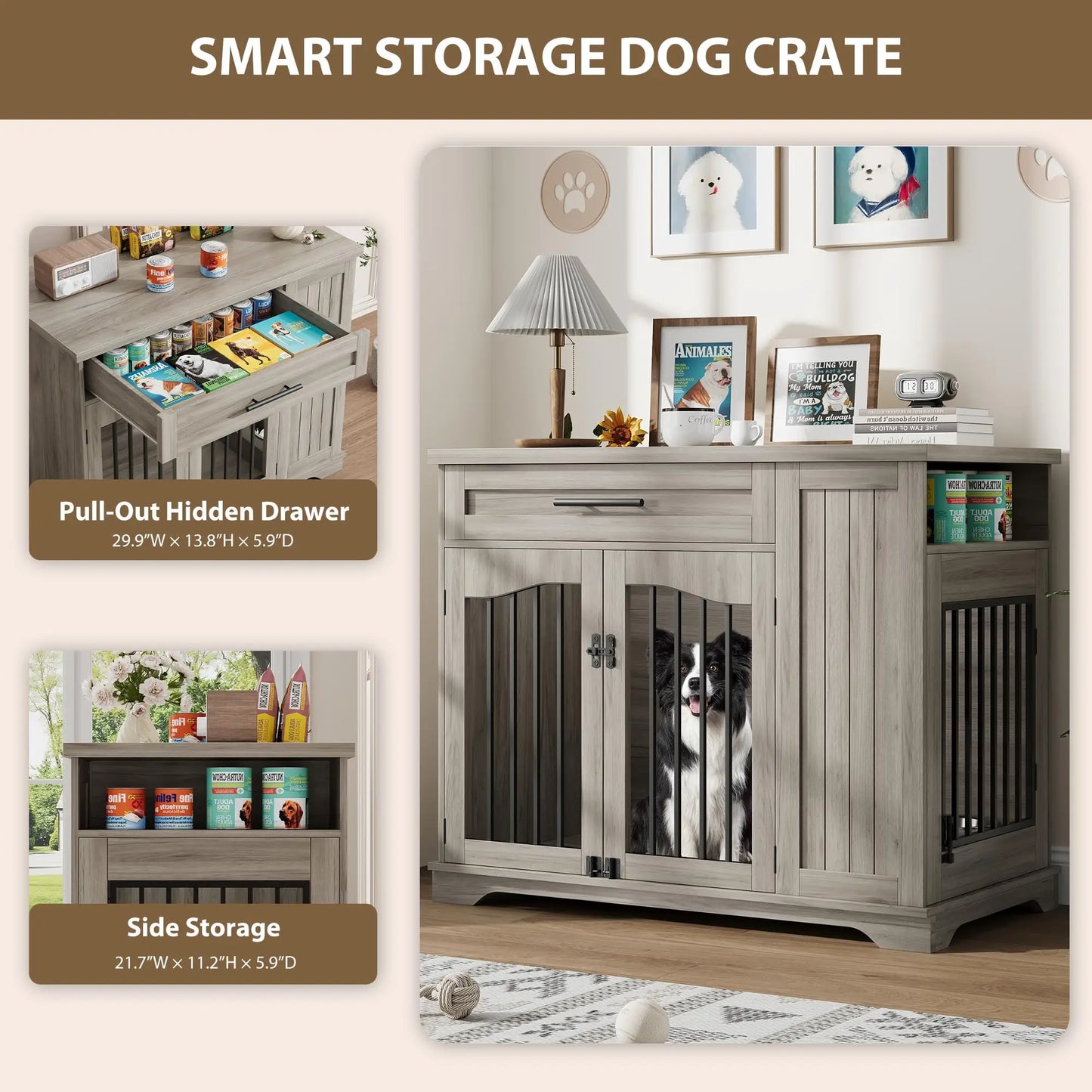 44 Inch Furniture Style Dog Crate Heavy Duty Wooden Dog Kennel With Drawer Side Storage & Built-in Feeding Station For Small to Medium Sized Pets