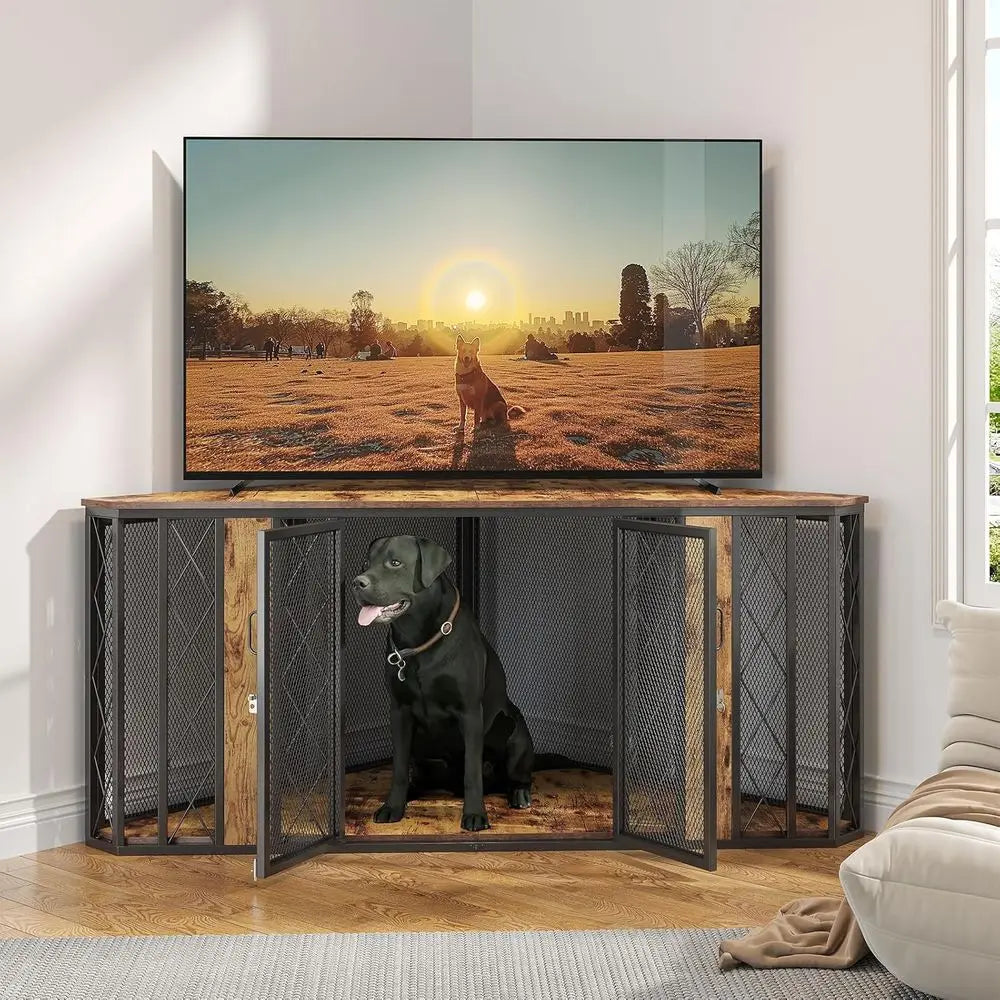 Large Wooden Dog Kennel Furniture, Dog Crate with 2 Doors, Decorative Dog Crate TV Stand End Table for Small to Large Dogs