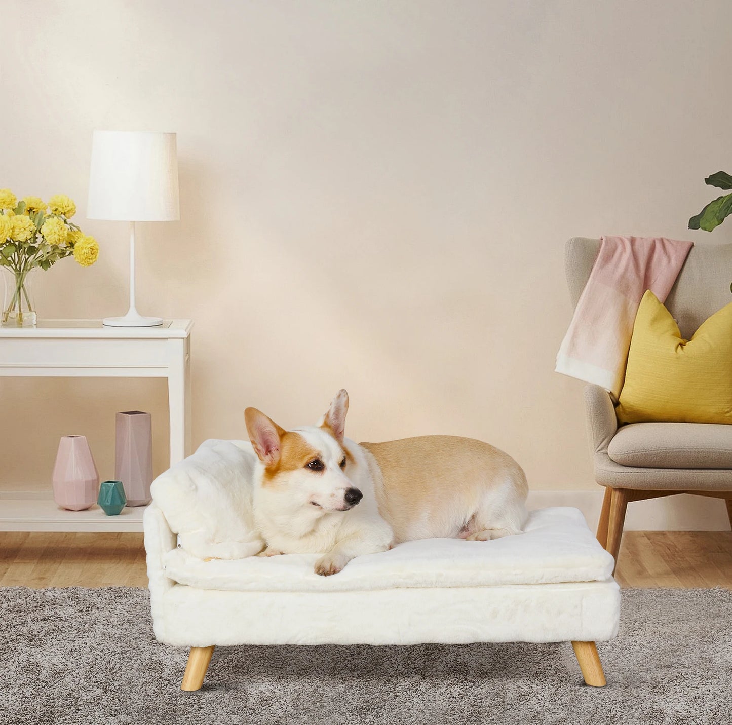 Elevated Bed for Small Dogs, Nordic Pet Bed with Cozy Waterproof Pad, Pet Sofa Bed with Sturdy Wood Legs