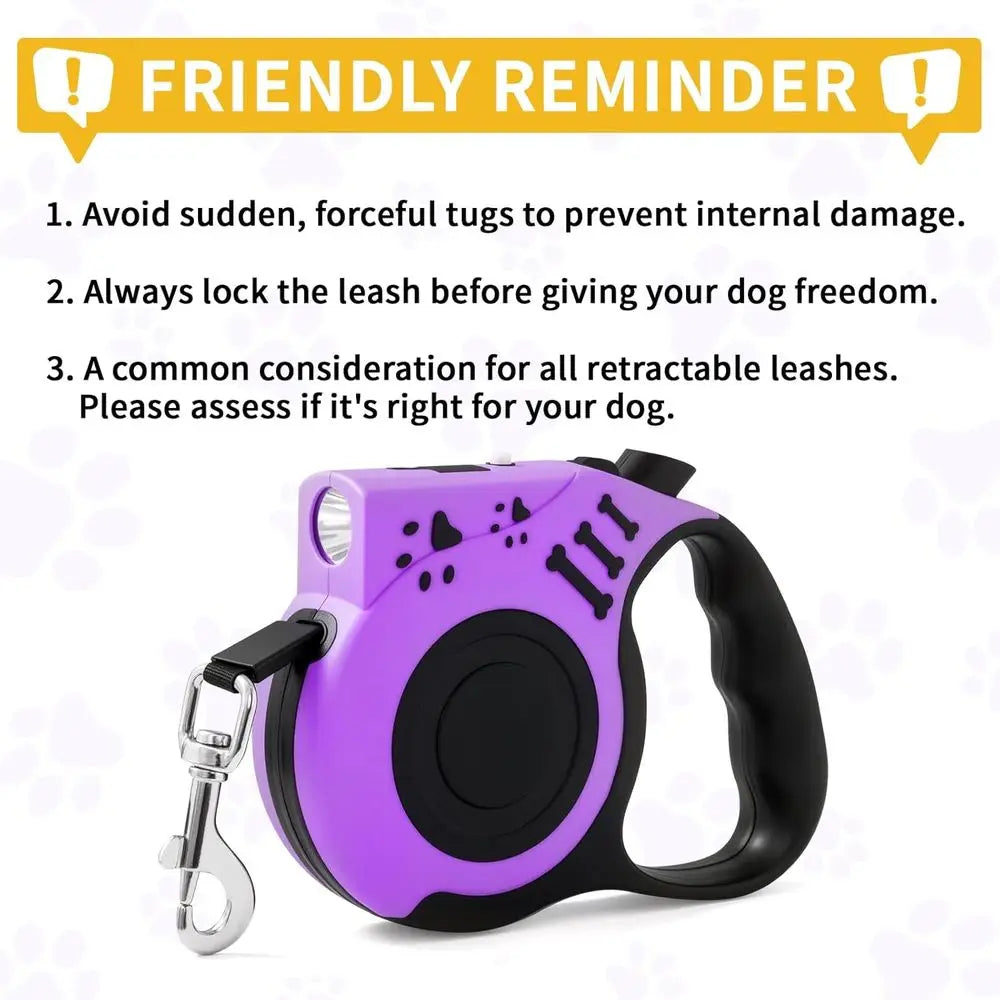 Retractable Dog Leash with USB Rechargeable Flashlight for Night Walks, 16ft Automatic Tractor Leash for Small and Medium Dogs