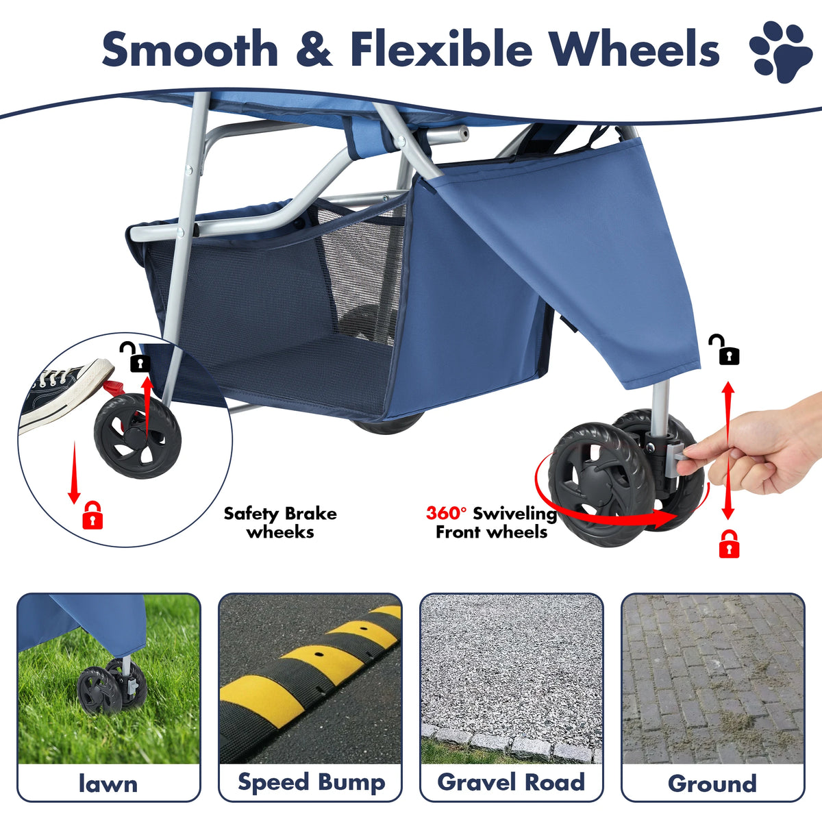 Foldable 3 Wheels Pet Stroller for Small Dogs, Stroller with Mesh Windows Storage Basket Cup Holder for Outdoor Use