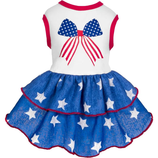 Patriotic Bowknot Tiered Ruffle Dog Dress Extra Small 4th of July Clothes for Small Dogs Girl Pet Outfit Red White and Blue