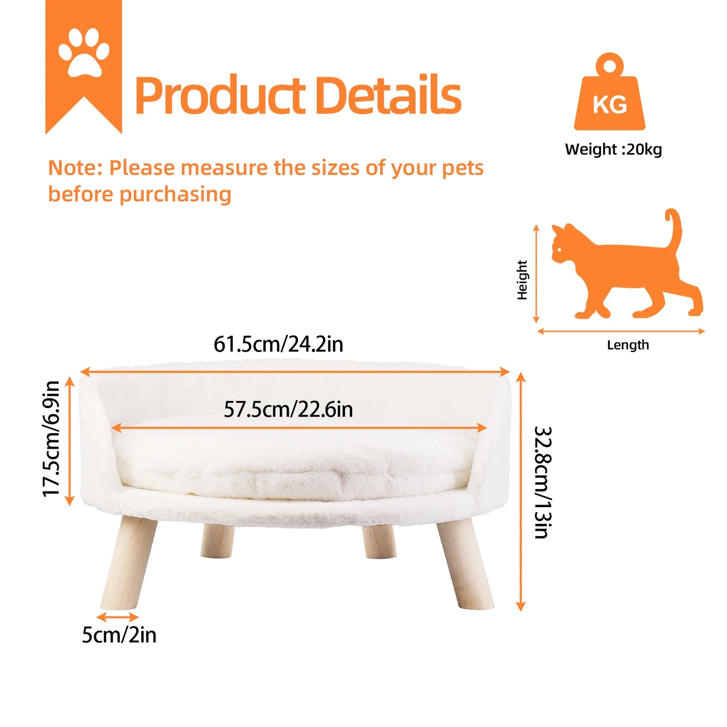 Elevated Dog Sofa Bed Raised Pet Chair Small Dog Couch Bed Removable Cushion Sleep House