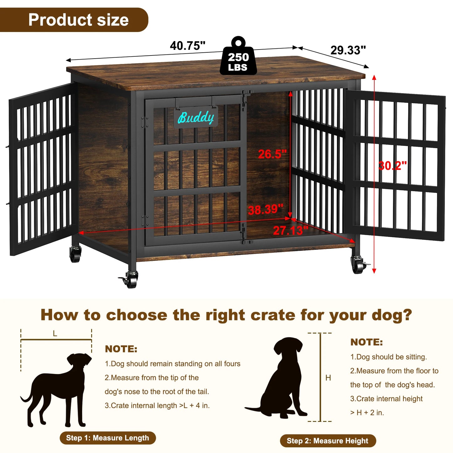 Dog Crate Furniture with Casters, Heavy Duty Dog Kennel Indoor for Small to Large Dogs, Decorate House as TV Stand, Bedside Table