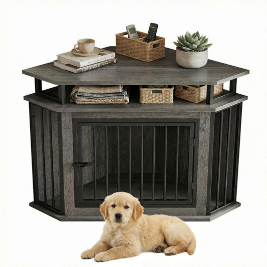 44" Corner Dog Crate with 2-Tier Shelves, Wooden Kennel Furniture for TV Stand, Indoor Pet Enclosure for Small Dogs and Medium Dogs