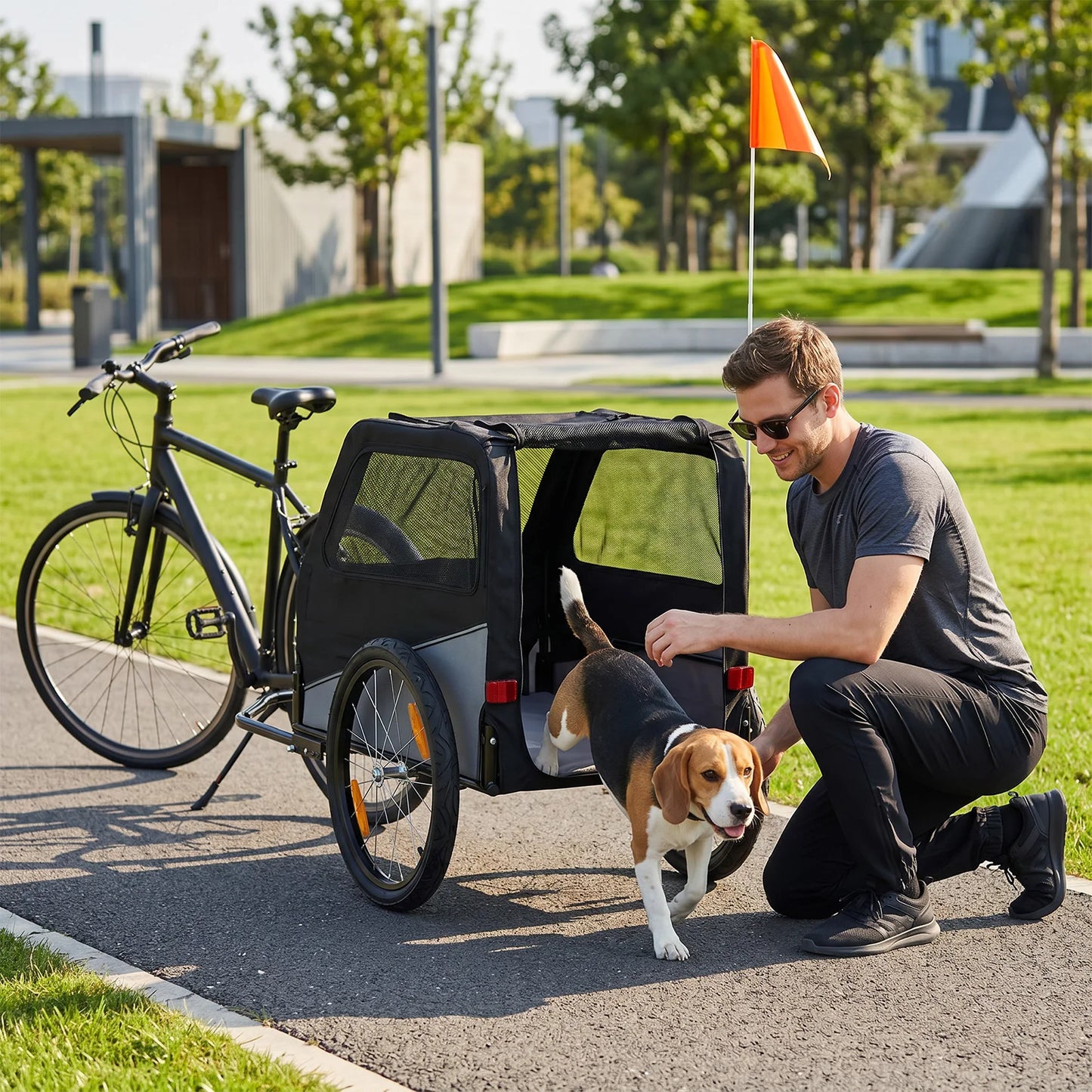 Foldable Dog Bike Trailer, Heavy Duty Steel Frame Pet Bike Carrier, 100 LBS Capacity Oxford Fabric Dog Carrier Bicycle Trailer with Mesh Window Reflectors for Small, Medium, and Large Dogs, Black