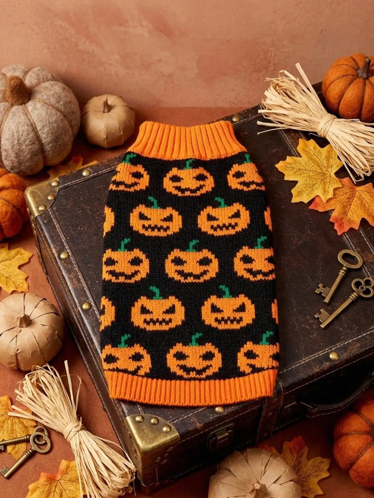 Pumpkin Face Printed 1 piece Sweater for Small And Medium Sized Dogs Halloween Ghost Festival Color Blocked Warm Knitted Sweater Pet Clothing