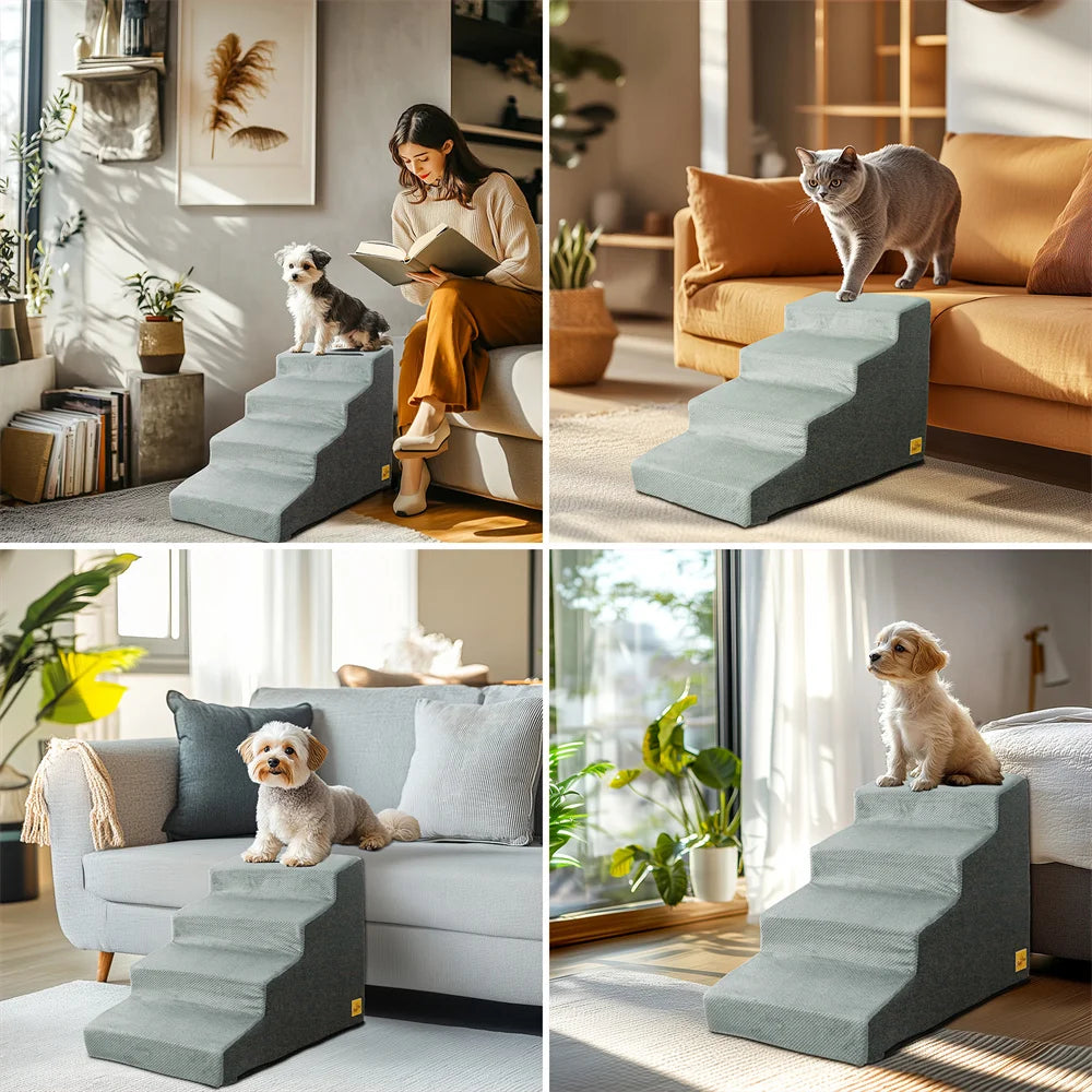 Small Dog Stairs, Ramp, Ladder High-Density Foam Sponge Dogs Sofa Removable and Washable Training Pet Ramp Stairs 3/4/5 Steps