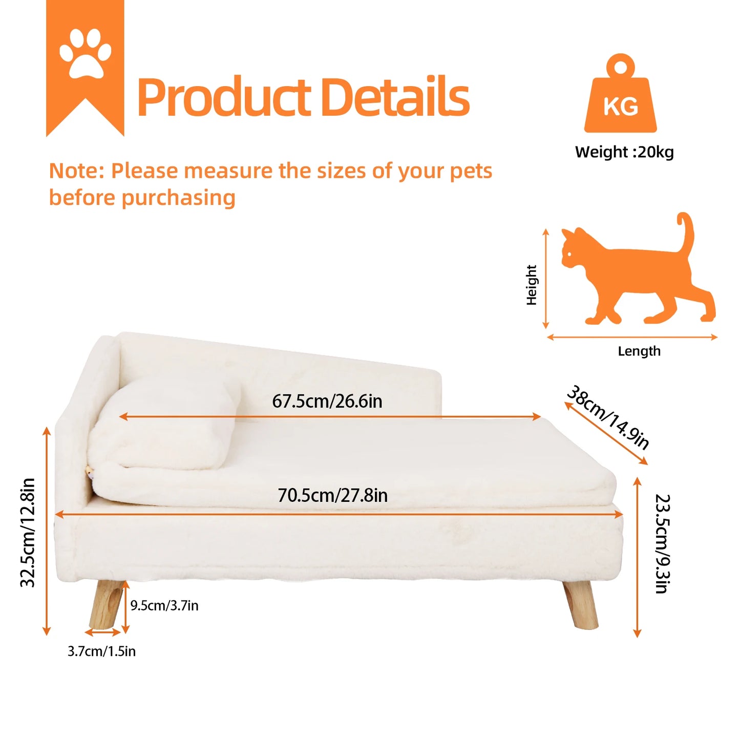 Elevated Bed for Small Dogs, Nordic Pet Bed with Cozy Waterproof Pad, Pet Sofa Bed with Sturdy Wood Legs