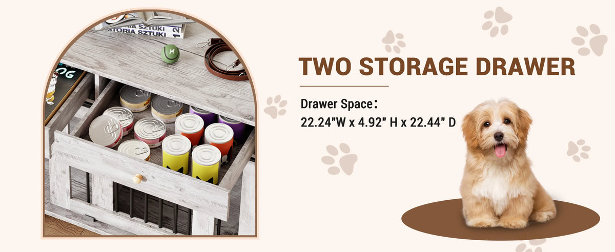 Dog Furniture Crate, 47" Large Dog Crate Furniture w/ 2 Storage Draws & Removable Divider for Large/Medium/Small Dogs (Grey, One Cage)