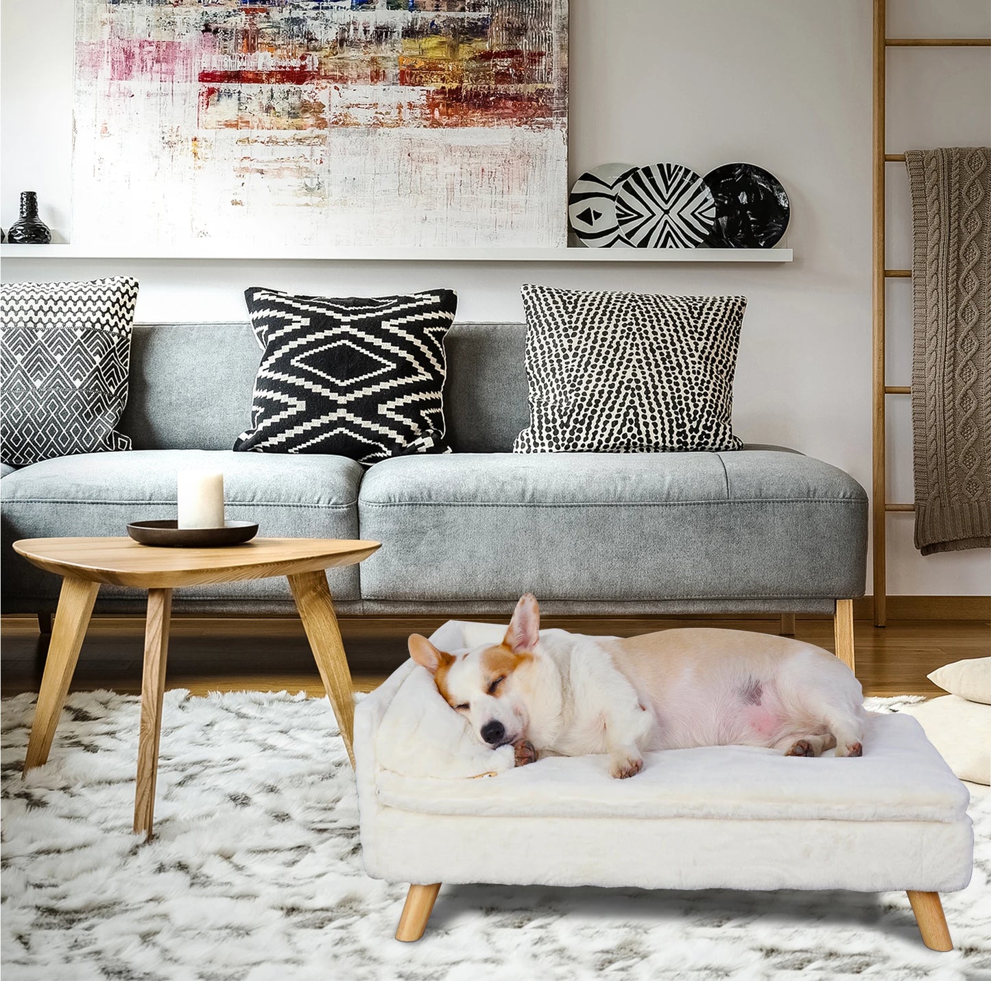 Elevated Bed for Small Dogs, Nordic Pet Bed with Cozy Waterproof Pad, Pet Sofa Bed with Sturdy Wood Legs