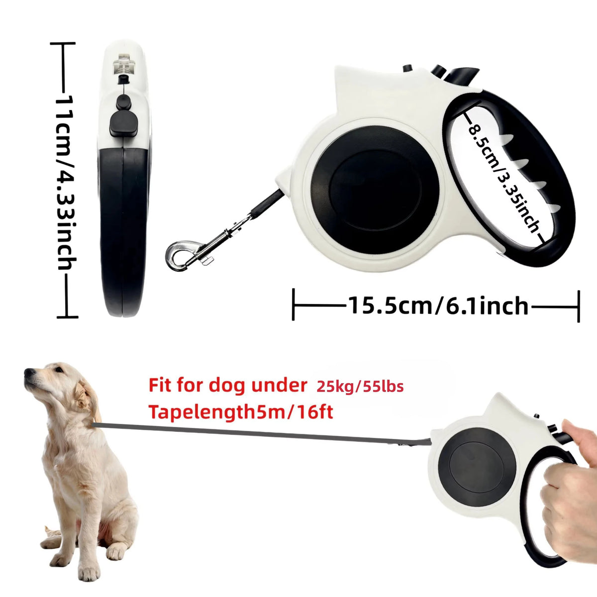 Retractable Dog Leash with LED Flashlight 5M/16FT, Ergonomic Anti-Slip Handle, Heavy Duty Nylon Pet Walking Leash for Dogs Under 25kg Night Walking