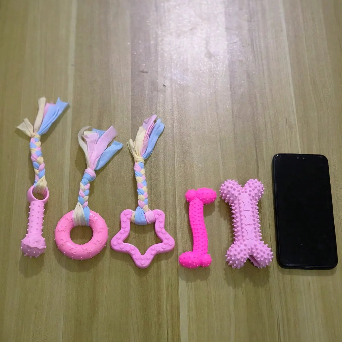 6-Piece Pink Rubber Dog Chew Toy Set with Braided Rope, Spiky Ball & Bone Shapes for Small Dogs