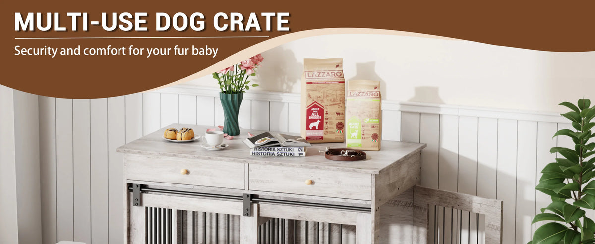Dog Furniture Crate, 47" Large Dog Crate Furniture w/ 2 Storage Draws & Removable Divider for Large/Medium/Small Dogs (Grey, One Cage)