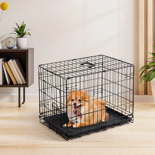 JHK Single Door 30 Inch Folding Metal Wire Dog Cage with Plastic Leak-Proof Pan Tray Small Dog Kennel for Indoor Outdoor