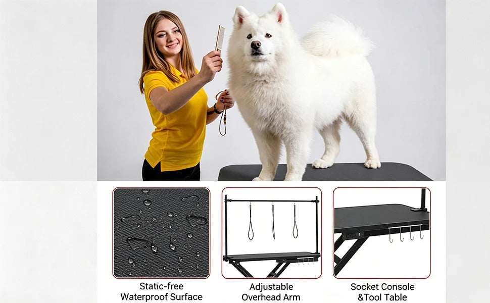 Electric Dog Grooming Table, Height Adjustable Pet Grooming Table with Arm, 264LBS Capacity, Anti-Slip Top & Tool Organizer, for Home/Professional Use, Black