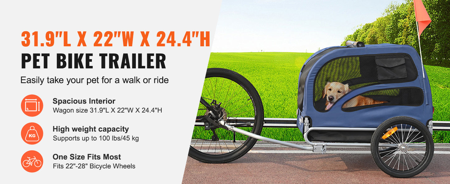 Bicycle Carrier for Small to Medium Dogs, Trailer with Coupler, Reflectors, Flag, and Collapsible to Store Up to 100lbs