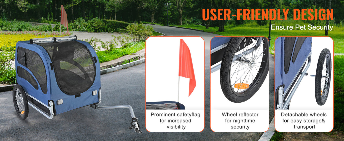 Bicycle Carrier for Small to Medium Dogs, Trailer with Coupler, Reflectors, Flag, and Collapsible to Store Up to 100lbs