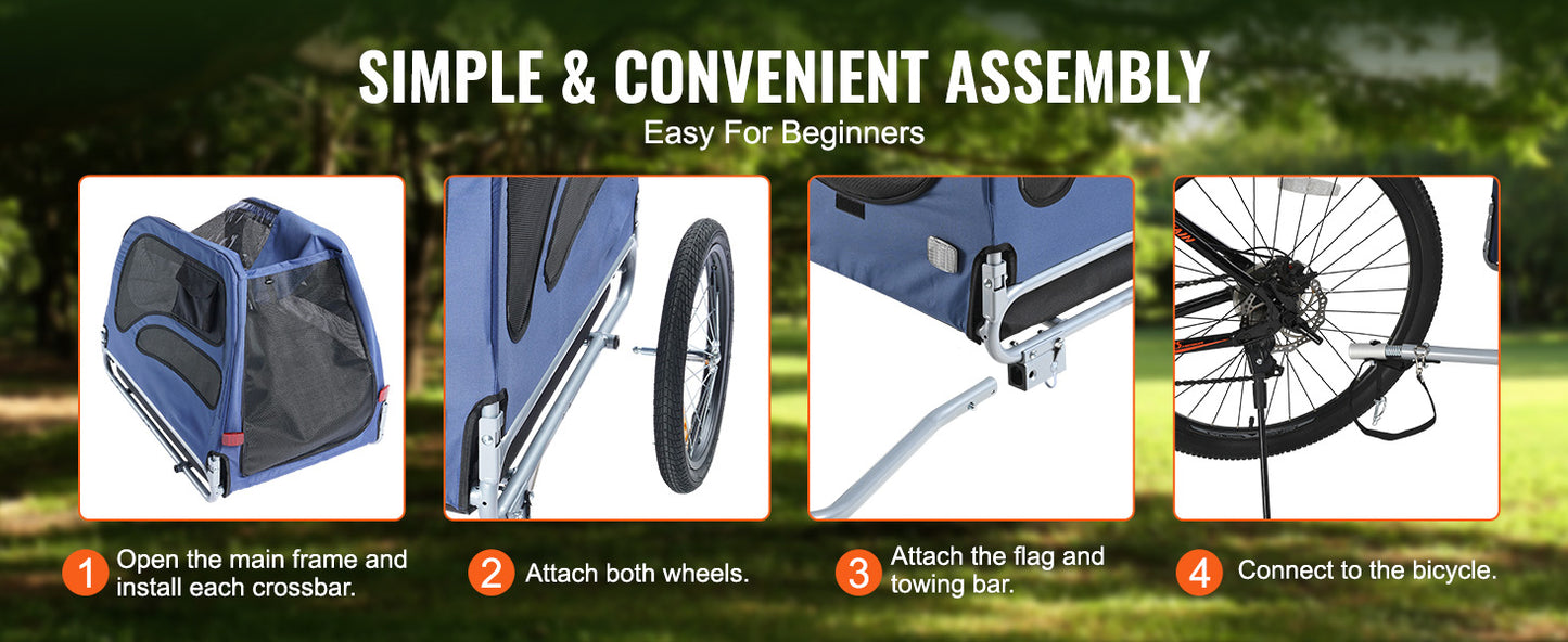 Bicycle Carrier for Small to Medium Dogs, Trailer with Coupler, Reflectors, Flag, and Collapsible to Store Up to 100lbs