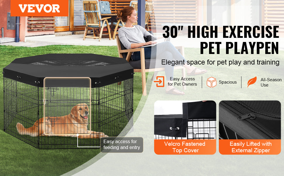 VEVOR Dog Playpen Foldable Metal Pet Exercise Pen Dog Fence Indoor and Outdoor Pen with 600D Oxford Fabric Top Cover for Dogs